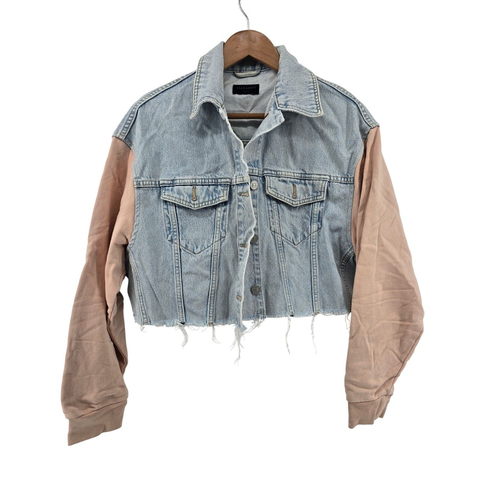AllSaints Denim Jacket Womens XS/S‎ Light Blue Peach Cropped Mixed Media Raw Hem